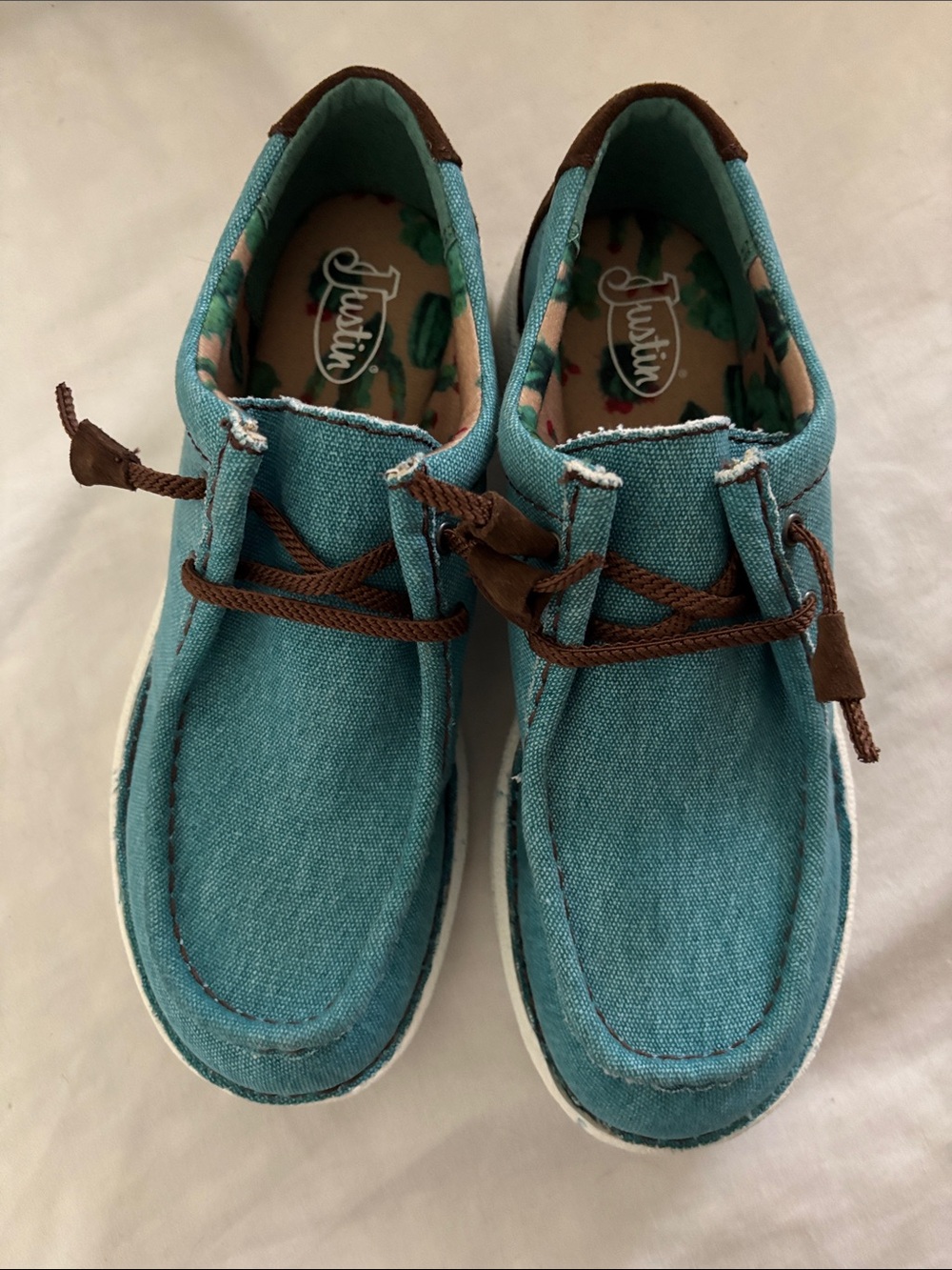 Justin Boots Teal Canvas Moccasins with Brown Laces NWOT
